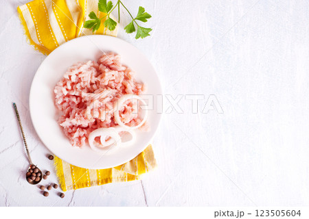 Homemade minced meat on a white plate 123505604