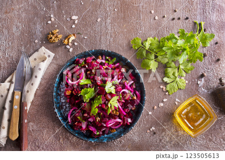 Traditional russian vegan salad with potato and beetroot 123505613