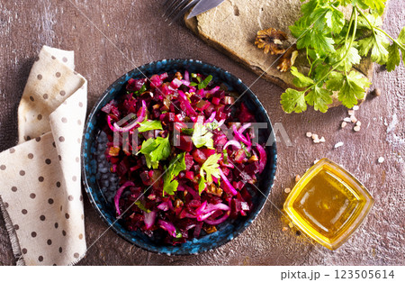 Traditional russian vegan salad with potato and beetroot Traditional russian vegan salad with potato and beetroot 123505614