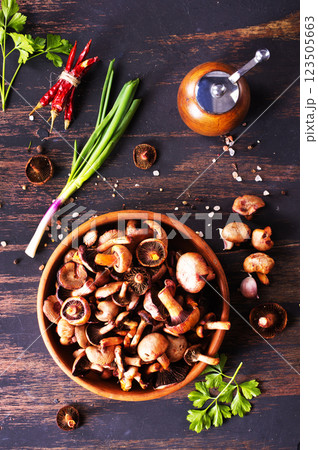 raw mushrooms in bowl on a table raw mushrooms in bowl on a table 123505663