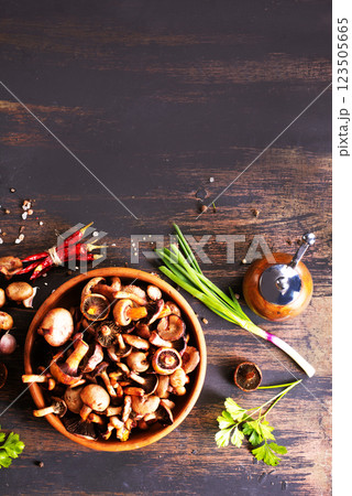 raw mushrooms in bowl on a table raw mushrooms in bowl on a table 123505665