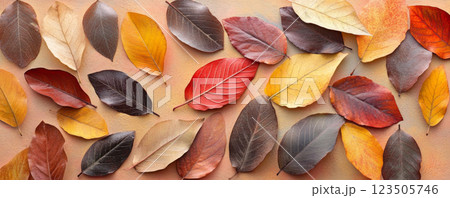 Flat Lay of Autumn Leaves on Rustic Brown Background 123505746