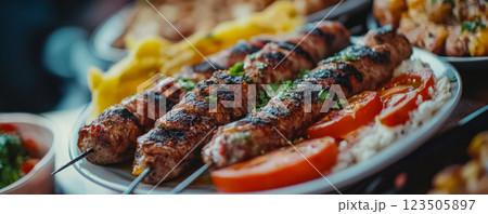 Grilled Turkish Kebabs with Vegetables 123505897