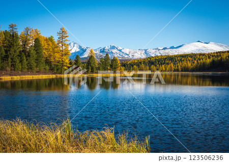Scenic autumn lake with snowy mountain and forest reflections under clear sky 123506236