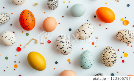 Colorful collection of decorated eggs arranged on a white surface with confetti for a festive celebration 123506797