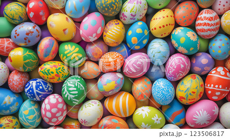 Colorful decorated Easter eggs displayed on a vibrant surface during a festive celebration in springtime 123506817
