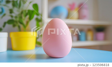 Pink egg displayed on a blue table in a colorful and vibrant indoor setting with decorative plants 123506818