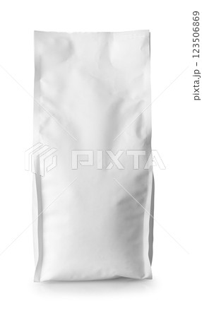 Vertical food packaging isolated on white background, offering an ideal canvas for displaying product packaging design in professional and elegant manner Vertical food packaging isolated on white background, offering an ideal canvas for displaying product packaging design in professional and elegant manner 123506869