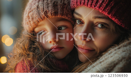 Mother and sick daughter share warm embrace in cozy winter attire 123506930