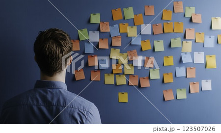 Person Looking at Colorful Sticky Notes on Blue Wall for Creative Inspiration Person Looking at Colorful Sticky Notes on Blue Wall for Creative Inspiration 123507026