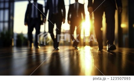 Business Professionals Walking Together Towards Bright Sunset in Office Business Professionals Walking Together Towards Bright Sunset in Office 123507093