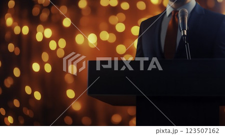 Businessman Delivering Speech at Podium with Blurred Red Background 123507162