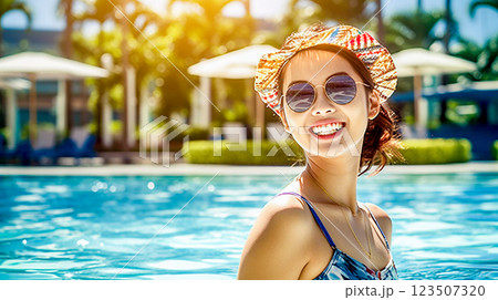プールを楽しむ水着の日本人女性 123507320