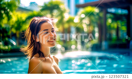 プールを楽しむ水着の日本人女性 プールを楽しむ水着の日本人女性 123507321