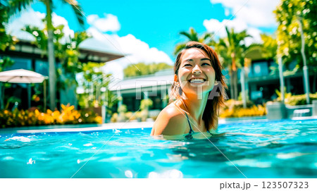 プールを楽しむ水着の日本人女性 123507323