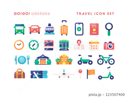 移動や宿泊、観光スポットを表現した旅行関連のアイコンセット。ポップでかわいいベクターイラスト素材。 123507400