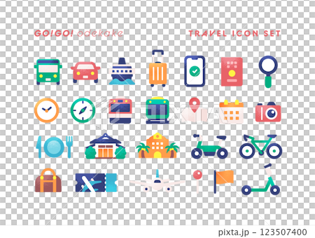 移動や宿泊、観光スポットを表現した旅行関連のアイコンセット。ポップでかわいいベクターイラスト素材。 123507400