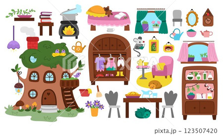 Vector acorn fairy house clipart set. Woodland princess home interior icons collection. Fantasy forest cottage illustrations. Magic fairytale treehouse furniture, room decor items 123507420