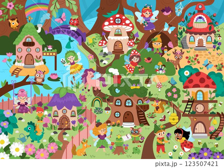 Vector fairyland background. Cute fairy land landscape. Woodland scenery with trees, treehouse, animals. Fantasy forest scene illustration. Fairytale world picture with princess, magic creatures 123507421