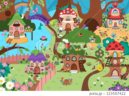 Vector empty fairyland background. Cute fairy land landscape. Woodland scenery with trees, treehouses, animals. Fantasy forest scene illustration. Magic or fairytale world picture 123507422