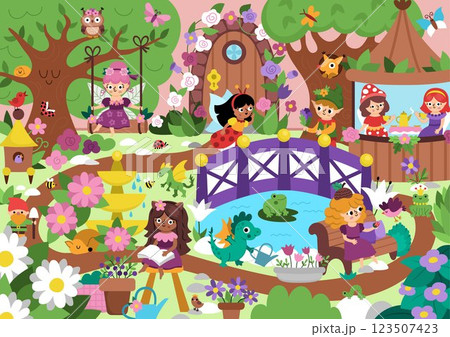 Vector fairy garden background with cute girls having fun. Fairytale princess back yard landscape. Magic orchard scenery with door, gazebo, bridge, fountain, pond, cozy bench. Fantasy scene 123507423