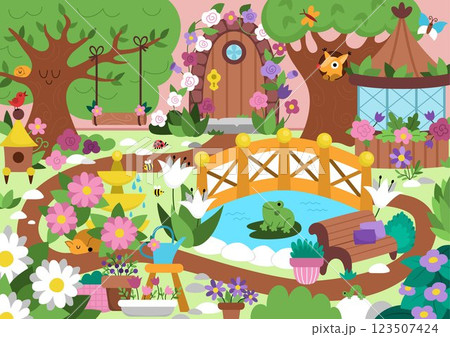 Vector empty fairy garden background. Fairytale little princess back yard landscape. Magic orchard scenery with door, gazebo, bridge, fountain, pond and cozy bench. Fantasy scene illustration 123507424