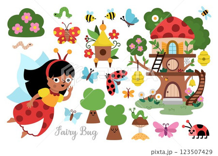 Vector fairy bug clipart set. Cute icons of little girl with wings. Woodland princess collection. Fantasy, fairytale forest illustrations. Magic creature pack with butterfly, ladybird tree house, bee, Vector fairy bug clipart set. Cute icons of little girl with wings. Woodland princess collection. Fantasy, fairytale forest illustrations. Magic creature pack with butterfly, ladybird tree house, bee, 123507429