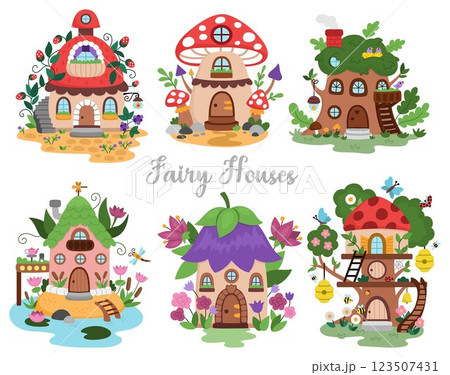 Vector fairy house clipart set. Woodland princess home icons collection. Fantasy forest cottages illustrations. Magic fairytale creature dwelling shaped as berry, flower, mushroom, treehouse Vector fairy house clipart set. Woodland princess home icons collection. Fantasy forest cottages illustrations. Magic fairytale creature dwelling shaped as berry, flower, mushroom, treehouse 123507431