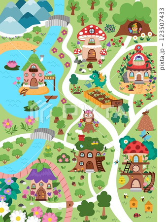 Vector fairyland map background. Cute fairy land landscape. Woodland scenery with trees, treehouses, dragon, roads, bridge, river. Fantasy forest scene illustration. Magic or fairytale world picture Vector fairyland map background. Cute fairy land landscape. Woodland scenery with trees, treehouses, dragon, roads, bridge, river. Fantasy forest scene illustration. Magic or fairytale world picture 123507433