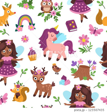 Vector animal fairy seamless pattern. Cute repeat background with little girl. Woodland princess digital paper. Fantasy forest, magic garden texture with fairytale creature, deer, unicorn, house, 123507435