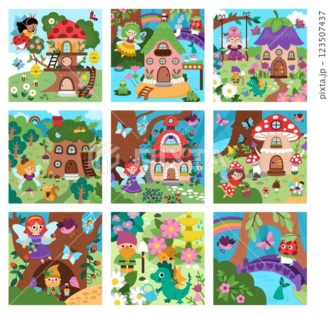 Vector square fairyland backgrounds set. Cute fairy land landscape collection. Woodland scenery with magic princess, trees, treehouse, animals. Fantasy forest scene illustration. Fairytale picture Vector square fairyland backgrounds set. Cute fairy land landscape collection. Woodland scenery with magic princess, trees, treehouse, animals. Fantasy forest scene illustration. Fairytale picture 123507437