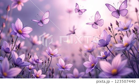 紫の花と蝶のファンタジーの風景 123507440