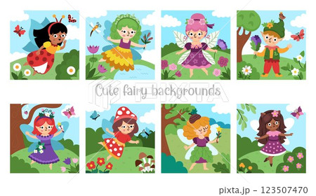 Vector square fairy backgrounds set. Fairyland landscape collection. Cute scenery with magic princess with wings, meadow, trees, sky, flower. Fantasy nature scene illustration. Fairytale picture for Vector square fairy backgrounds set. Fairyland landscape collection. Cute scenery with magic princess with wings, meadow, trees, sky, flower. Fantasy nature scene illustration. Fairytale picture for 123507470