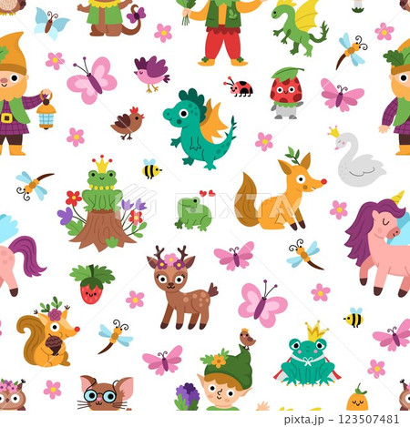 Vector magic creature seamless pattern. Cute repeat background with fairytale characters. Woodland fantasy animal digital paper. Forest fairy tale, magical texture with dwarf, unicorn, elf, deer 123507481