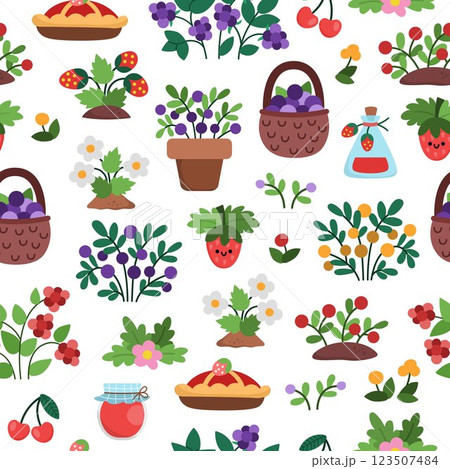 Vector cartoon berry seamless pattern. Cute repeat background with woodland or garden plants. Forest nature texture with strawberry, raspberry, blackberry, jam, basket. Cottage core digital paper 123507484