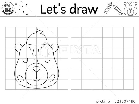 Draw the capybara. Vector capibara drawing practice worksheet with cute animal head with tangerine hat. Printable black and white activity for kids. Copy or complete the picture coloring page Draw the capybara. Vector capibara drawing practice worksheet with cute animal head with tangerine hat. Printable black and white activity for kids. Copy or complete the picture coloring page 123507490