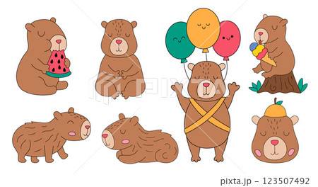 Vector capybara set. Cute capibara animals collection. Funny guinea pigs meditating, sleeping, relaxing, flying balloons, eating ice-cream, having fun. Cartoon colored illustration with outlines Vector capybara set. Cute capibara animals collection. Funny guinea pigs meditating, sleeping, relaxing, flying balloons, eating ice-cream, having fun. Cartoon colored illustration with outlines 123507492