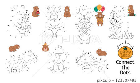 Vector line capybara dot-to-dot and color activity set with animal eating, sleeping, meditating, relaxing. Capibara black and white connect the dots game with colored example. Coloring page for 123507493