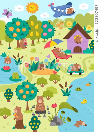 Vector capybara landscape illustration. Cute scenery with capibara, pond, car, house, plane. Funny detailed scene with adorable animals swimming, relaxing, meditating. Happy land picture for kids Vector capybara landscape illustration. Cute scenery with capibara, pond, car, house, plane. Funny detailed scene with adorable animals swimming, relaxing, meditating. Happy land picture for kids 123507497