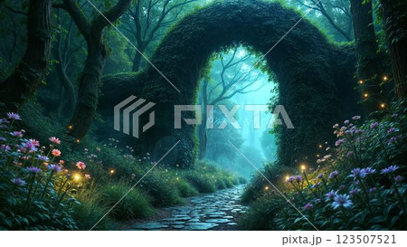 ファンタジーで神秘的な夜の森の風景の背景 123507521
