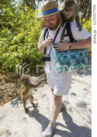 A monkey sits on a man's shoulder and waits for food. Another monkey stands in front of the man, grabbing his shirt and asking for food. Monkey Island in Vietnam, Nha Trang. Selective focus. 123507709