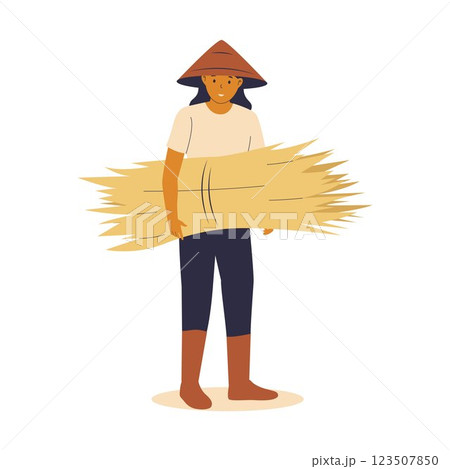 Illustration of a Farmer Carrying Grass Bundles 123507850