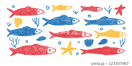Fishes crayon doodle set. Sardines hand drawn scribble School of fish in the sea. Vector colorful nautical illustration by pencil isolated on white background. Chalk naive underwater life 123507967