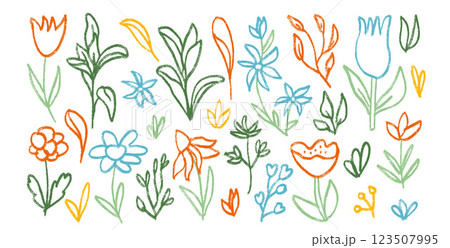 Flowers and leaves crayon drawn set. Spring tulip, daisy, chamomile and marguerite plants doodle. Summer floral kids floral shape. Vector pencil illustration isolated on white background. Flowers and leaves crayon drawn set. Spring tulip, daisy, chamomile and marguerite plants doodle. Summer floral kids floral shape. Vector pencil illustration isolated on white background. 123507995