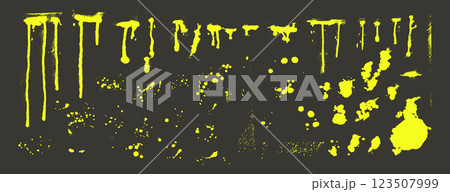 Paint spray splatters set. Grunge graffiti splashes and drips pack. Ink spots and blob shapes. Collage smudge. Dirty liquid spatter silhouette. Vector hand drawn collection 123507999