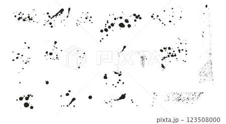 Paint spray splatters set. Grunge graffiti splashes and drips pack. Ink spots and blob shapes. Collage smudge ruined spill. Vector hand drawn collection illustration isolated on white background 123508000