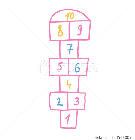 Hopscotch game isolated on white background. Children playground outdoor entertainment. Vector chalk drawn illustration 123508005