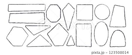 Brush stroke kids geometric shapes set. Text boxes paint textured thin frames pack. Rounded and square borders figures. Vector hand drawn ink black quotation stickers shapes. Triangle grunge callout 123508014