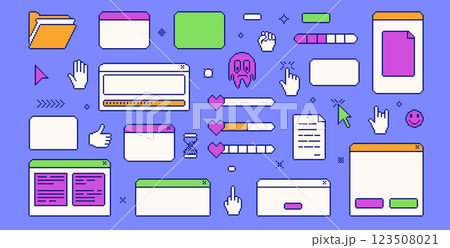Pixel art retro windows interface. 8 bit browser and popup elements with pointers cursors, arrow and sparkles. Pixel screens in retro 90s style. Ui message frames figures. Vector set illustration Pixel art retro windows interface. 8 bit browser and popup elements with pointers cursors, arrow and sparkles. Pixel screens in retro 90s style. Ui message frames figures. Vector set illustration 123508021