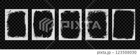 Photo grunge frames set template. Ink paint edges punk border for poster and banner. Retro textured overlays. Rectangular old white backgrounds. Vector design illustration. Photo grunge frames set template. Ink paint edges punk border for poster and banner. Retro textured overlays. Rectangular old white backgrounds. Vector design illustration. 123508030